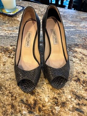 Jimmy Choo Black Textured Peep-Toe Heels